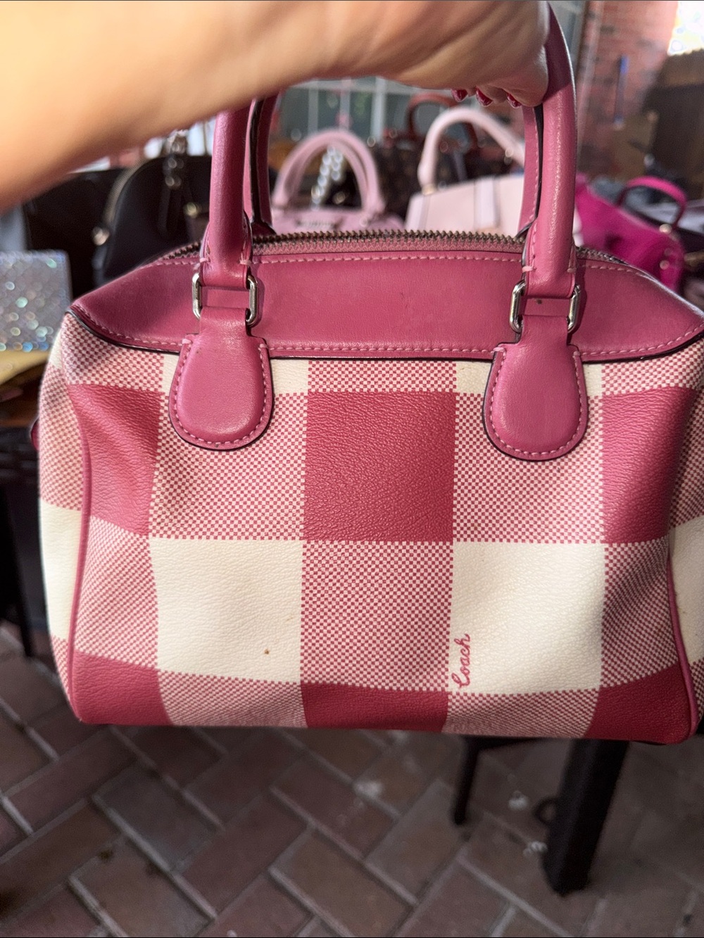 Coach Pink and Cream Checkered Leather Satchel - Picture 3 of 3